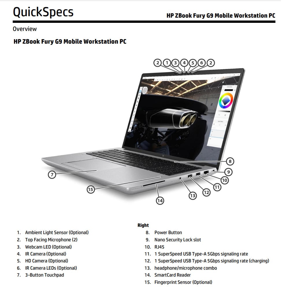 Mobilna radna stanica HP Zbook Fury 16 G9, Intel Core i7 12850HX, 2.10 GHz, 32 GB RAM, 1TB SSD, 16"WUXGA (1920 x 1200), NVIDIA RTX A5500 16GB, Webcam, Windows, Refurbished